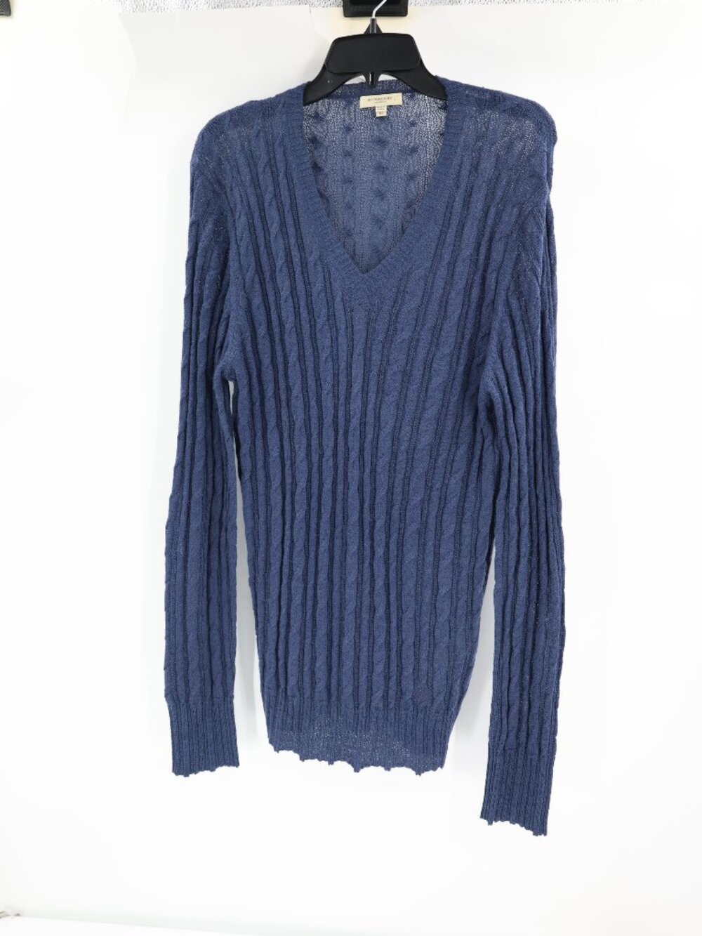 Burberry Sweater Mens XL Cable Knit Alpaca Mohair Blend V Neck jumper Blue logo